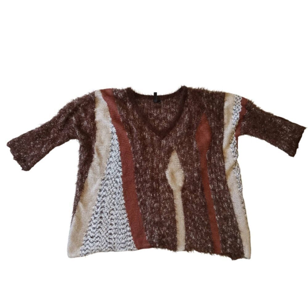 VIP Brown and Cream Soft Mohair Knit V-Neck Pullover Sweater Women's Size Large